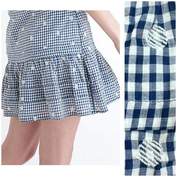 Madewell Embroidered Tiered Pull On Mini Skirt in Gingham Check. Size L. Lined - Picture 1 of 11